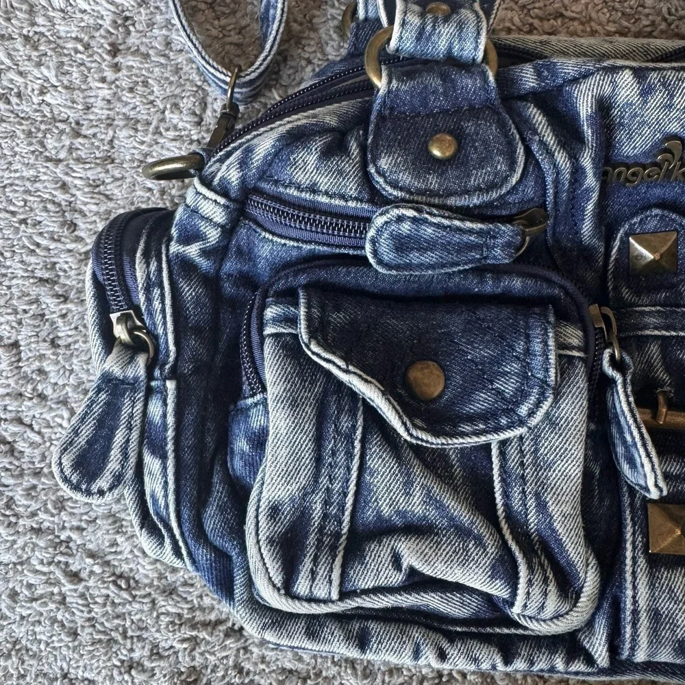 Angel Kiss Distressed Denim Shoulder / Adjustable Crossbody Purse 15 Pockets!
